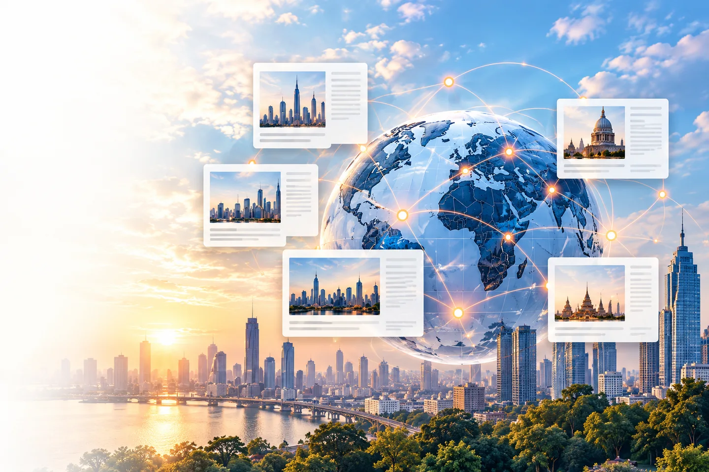Illustration of a blue globe connected to editorial stories and city skylines