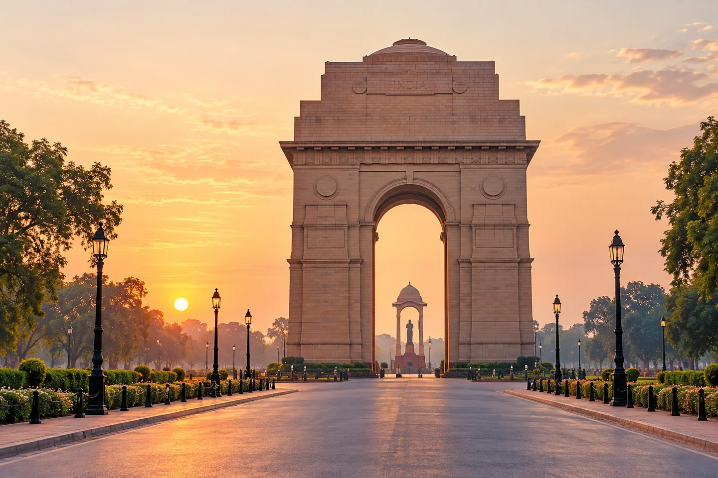 Illustrative view of India Gate at sunrise