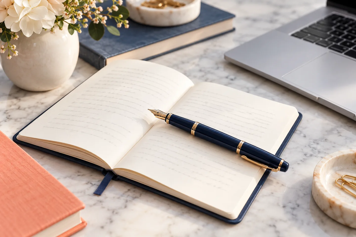 Pen and open notebook beside a laptop